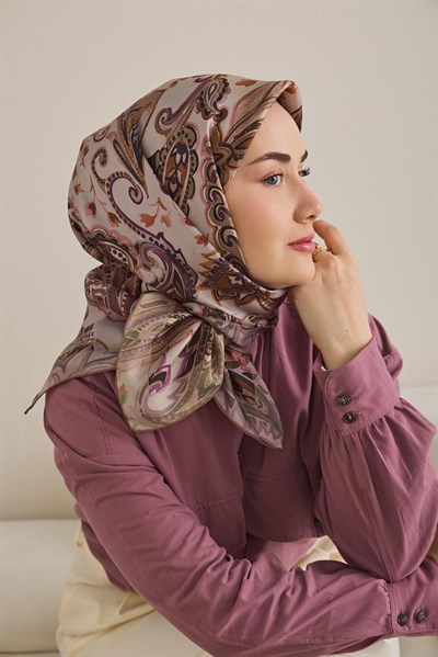Twill İpek Eşarp Badem Motif Desen Taş 90x90