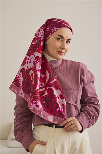 Twill İpek Eşarp Badem Motif Desen Toz Pembe 90x90