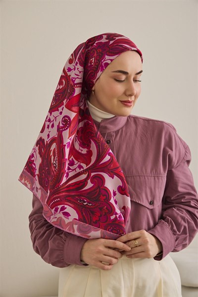 Twill İpek Eşarp Badem Motif Desen Toz Pembe 90x90