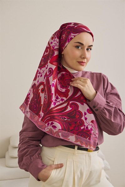 Twill İpek Eşarp Badem Motif Desen Toz Pembe 90x90