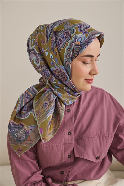 Twill İpek Eşarp Badem Motif Desen Yağ Yeşili 90x90