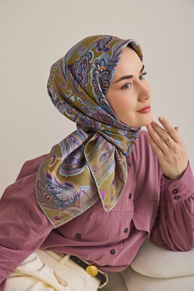 Twill İpek Eşarp Badem Motif Desen Yağ Yeşili 90x90