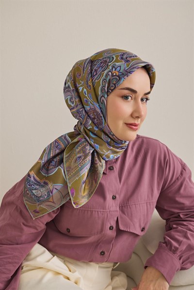 Twill İpek Eşarp Badem Motif Desen Yağ Yeşili 90x90