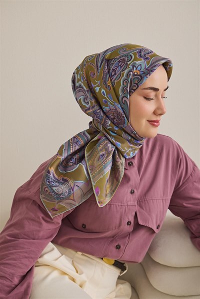 Twill İpek Eşarp Badem Motif Desen Yağ Yeşili 90x90