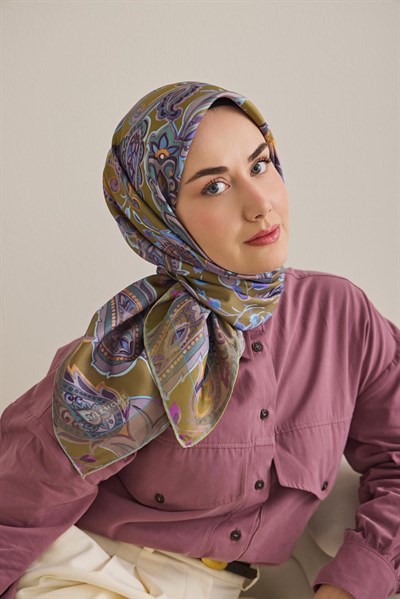 Twill İpek Eşarp Badem Motif Desen Yağ Yeşili 90x90