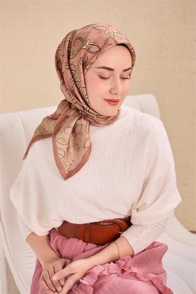Twill İpek Eşarp Barok Pudra Vizon 90x90