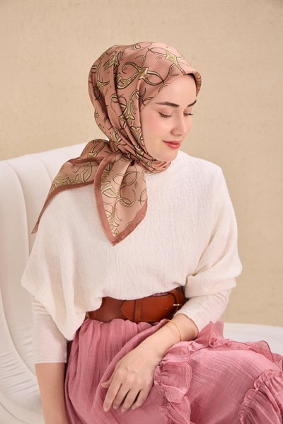 Twill İpek Eşarp Barok Pudra Vizon 90x90
