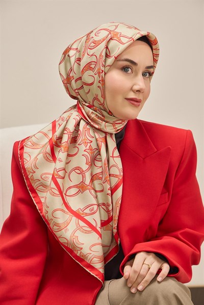Twill İpek Eşarp Barok Yeşil Bej 90x90