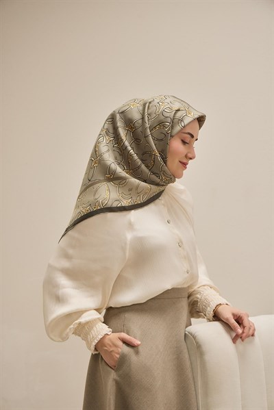 Twill İpek Eşarp Barok Yeşil Gri 90x90