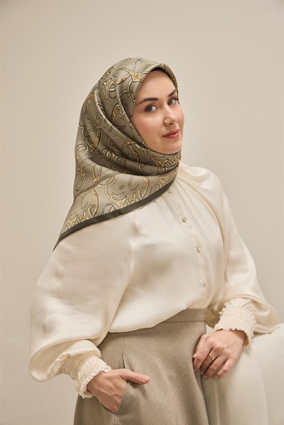 Twill İpek Eşarp Barok Yeşil Gri 90x90