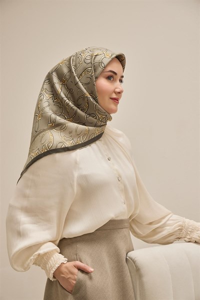 Twill İpek Eşarp Barok Yeşil Gri 90x90
