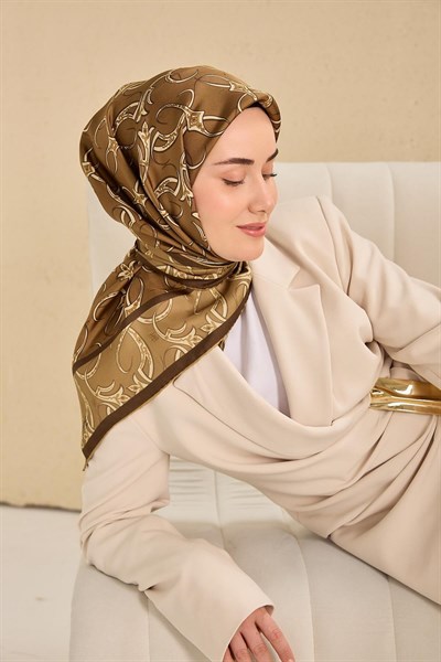Twill İpek Eşarp Barok Yeşil Kahve 90x90