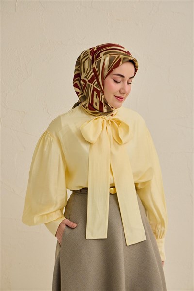 Twill İpek Eşarp Bohem Atlas Desen Bej 90x90