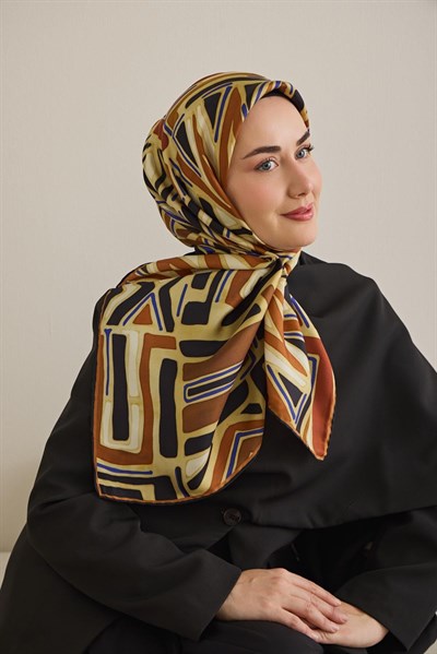 Twill İpek Eşarp Bohem Atlas Desen Fildişi 90x90