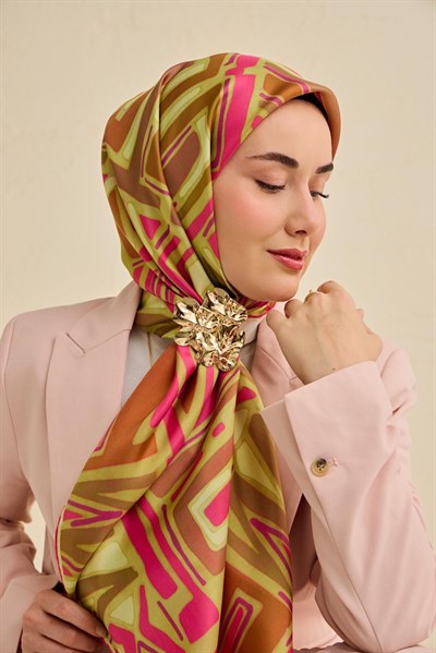 Twill İpek Eşarp Bohem Atlas Desen Fıstık Yeşili 90x90