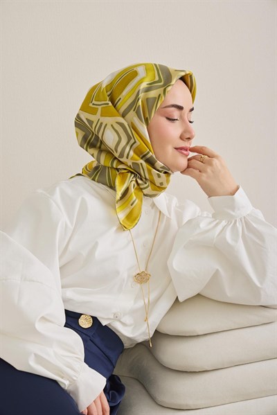 Twill İpek Eşarp Bohem Atlas Desen Pastel Sarı 90x90