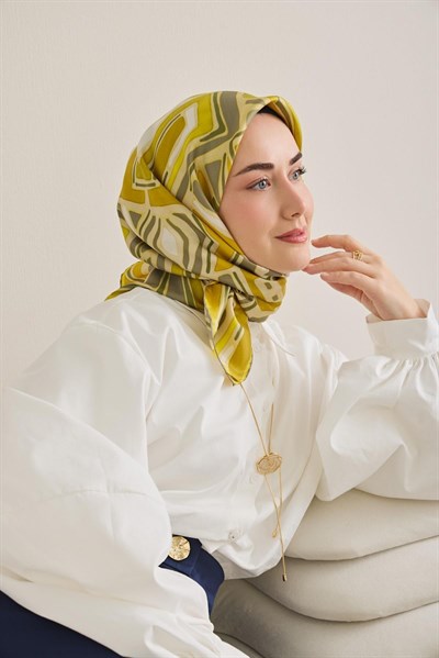 Twill İpek Eşarp Bohem Atlas Desen Pastel Sarı 90x90