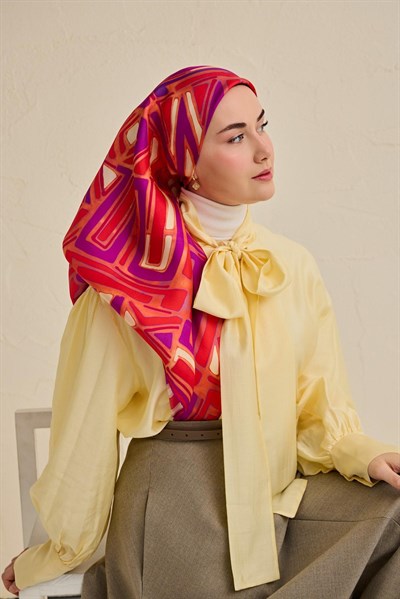 Twill İpek Eşarp Bohem Atlas Desen Somon 90x90