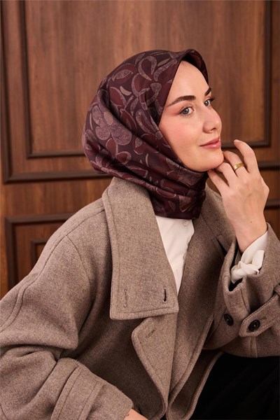 Twill İpek Eşarp Bordo Kahve Pudra Vizon Papatya Desenli Tok Duruşlu 90x90
