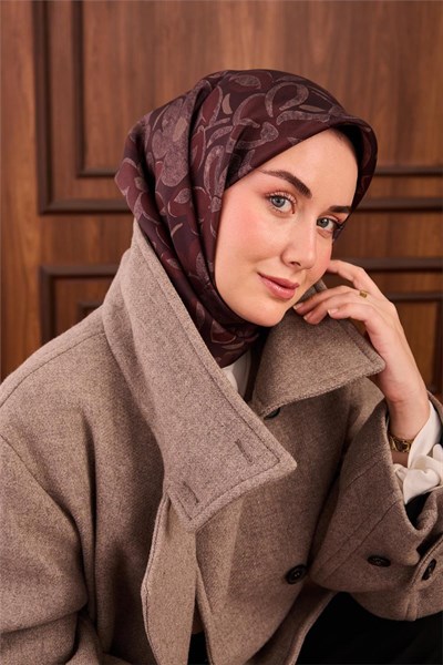 Twill İpek Eşarp Bordo Kahve Pudra Vizon Papatya Desenli Tok Duruşlu 90x90