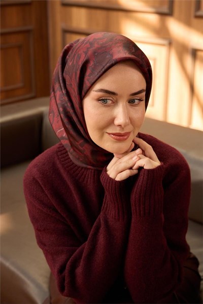 Twill İpek Eşarp Bordo-Koyu Kırmızı Desenli Tok Duruşlu 90x90