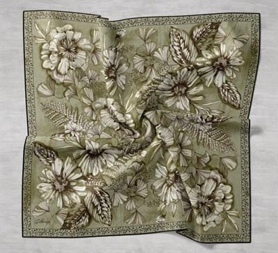 Twill İpek Eşarp Büyük Çiçek Çimen Yeşili 90x90
