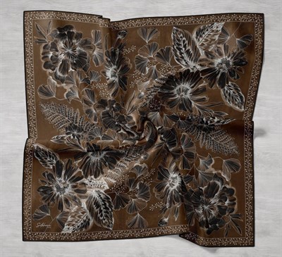 Twill İpek Eşarp Büyük Çiçek Kahverengi 90x90