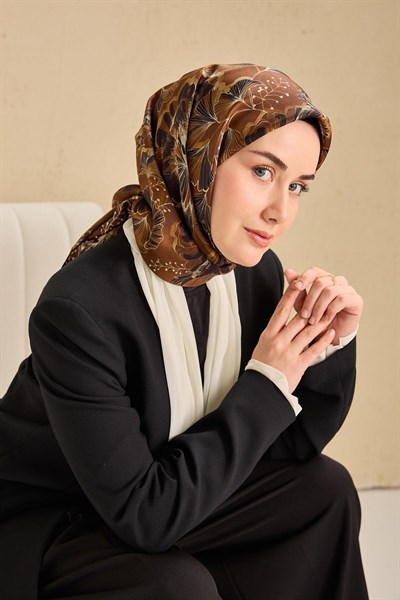 Twill İpek Eşarp Büyük Çiçek Kahverengi 90x90