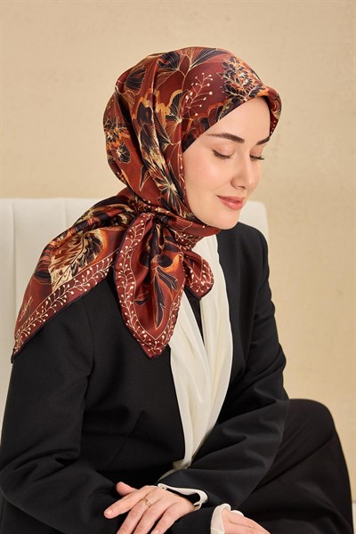 Twill İpek Eşarp Büyük Çiçek Kiremit Bordo 90x90