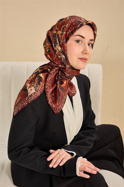 Twill İpek Eşarp Büyük Çiçek Kiremit Bordo 90x90