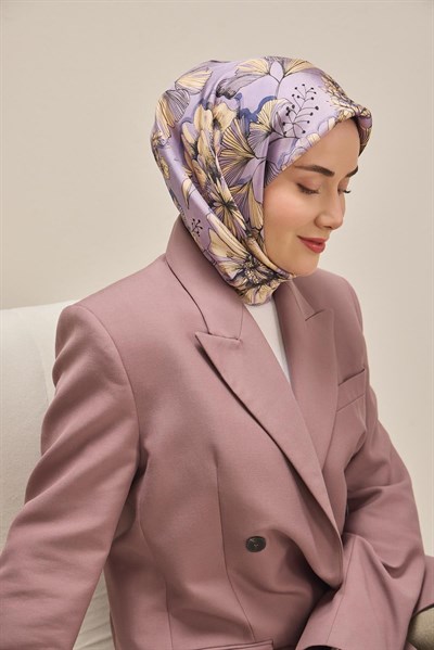 Twill İpek Eşarp Büyük Çiçek Leylak 90x90