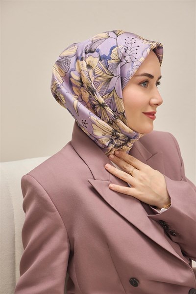 Twill İpek Eşarp Büyük Çiçek Leylak 90x90