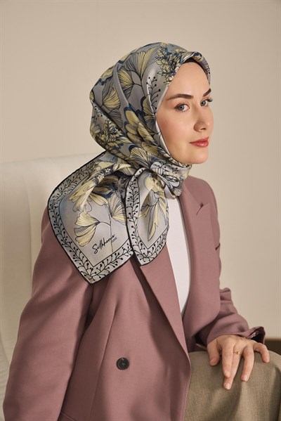 Twill İpek Eşarp Büyük Çiçek Mavi Gri 90x90