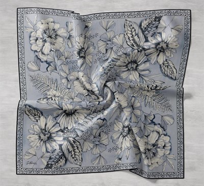 Twill İpek Eşarp Büyük Çiçek Mavi Gri 90x90
