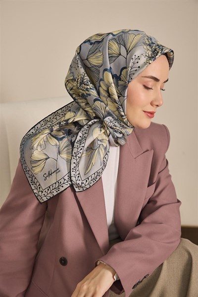 Twill İpek Eşarp Büyük Çiçek Mavi Gri 90x90