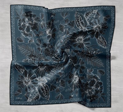 Twill İpek Eşarp Büyük Çiçek Petrol Mavi 90x90