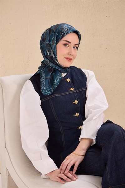 Twill İpek Eşarp Büyük Çiçek Petrol Mavi 90x90
