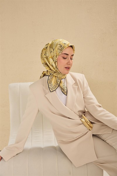 Twill İpek Eşarp Büyük Çiçek Sarı 90x90