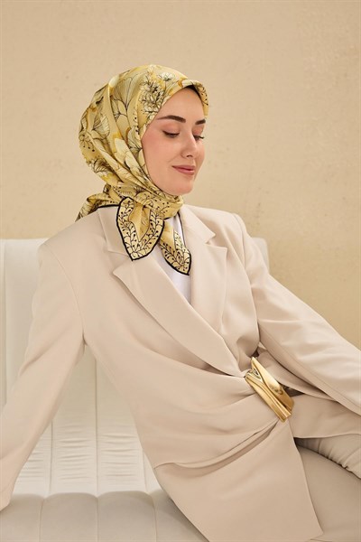 Twill İpek Eşarp Büyük Çiçek Sarı 90x90