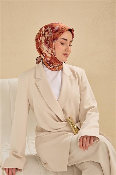 Twill İpek Eşarp Büyük Çiçek Somon 90x90