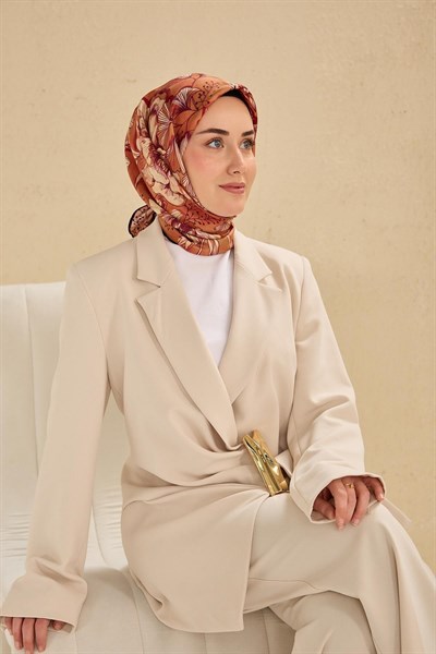 Twill İpek Eşarp Büyük Çiçek Somon 90x90
