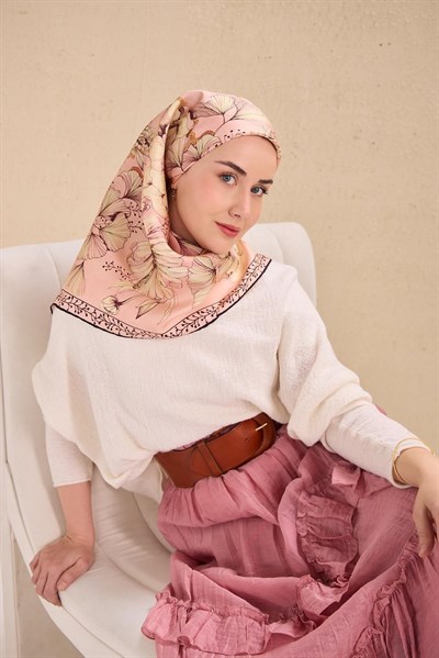 Twill İpek Eşarp Büyük Çiçek Tozpembe 90x90