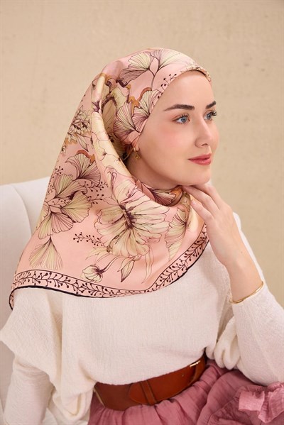 Twill İpek Eşarp Büyük Çiçek Tozpembe 90x90
