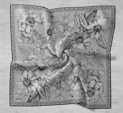 Twill İpek Eşarp Büyük Çiçek Uçuk Gri 90x90