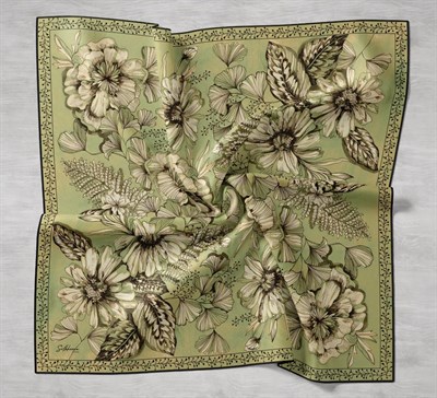 Twill İpek Eşarp Büyük Çiçek Yeşil 90x90