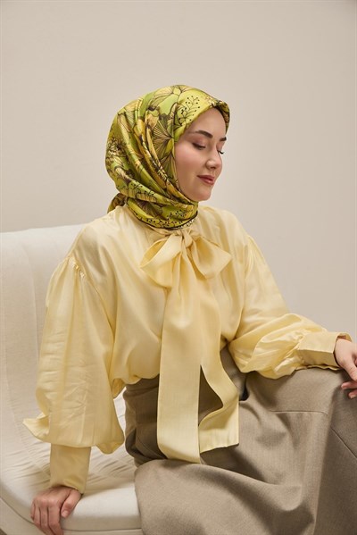 Twill İpek Eşarp Büyük Çiçek Yeşil 90x90