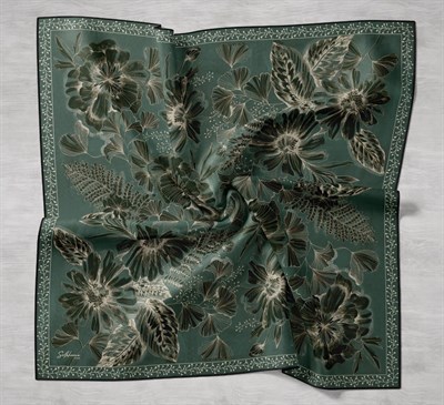 Twill İpek Eşarp Büyük Çiçek Zümrüt 90x90