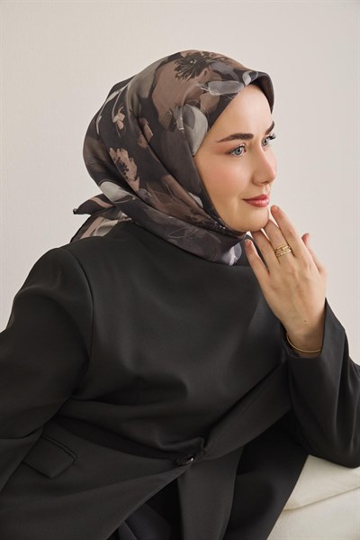 Twill İpek Eşarp Çiçek Desen Antrasit 90x90