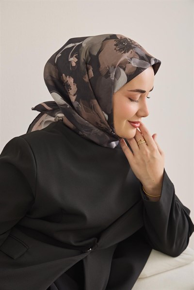 Twill İpek Eşarp Çiçek Desen Antrasit 90x90