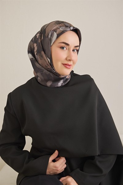 Twill İpek Eşarp Çiçek Desen Antrasit 90x90
